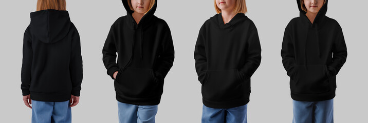 Wall Mural - Mockup of a black hoodie with a pocket on a fair-haired girl in jeans, long sleeve presentation, front, back. Set.