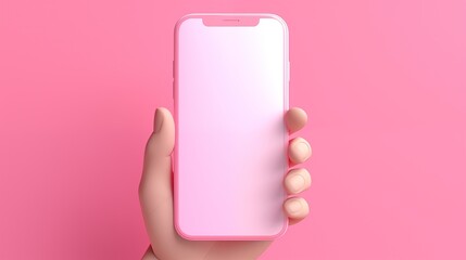 3D Cartoon hand holding smartphone isolated on pink background.