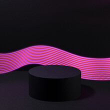 Abstract One Black Round Podium For Cosmetic Products With Glowing Neon Pink Purple Light Stripe In Motion, Mockup, Black Background. Scene For Presentation Products, Advertising In Vapor Wave Style.