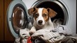 Jack russell terrier dog sitting in washing machine and looking at camera