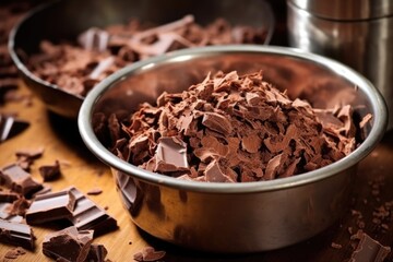 Sticker - chocolate flakes in a steel bowl at the workshop