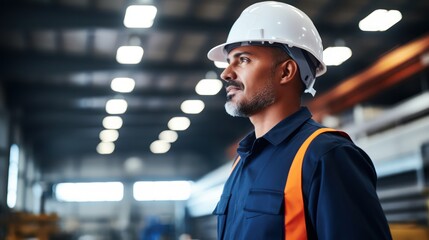 Wall Mural - Portrait of a serious African-American male worker wearing a safety helmet and looking away in a factory