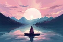 Lonely Girl Sit On Jetty By Foggy Mystic Lake In Autumn Illustration