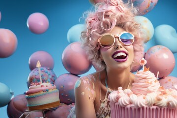 Fashionable young woman in pink wig and sunglasses with cake and balloons