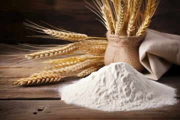 Canvas Print - flour in a sack with wheat stalks beside it on a wooden table