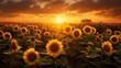 A garden of sunflowers, their heads turned towards the rising sun, with a fresh lawn underfoot.