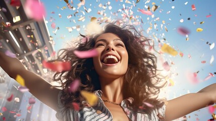 Wall Mural - Portrait of a cheerful beautiful girl wearing dress standing standing under confetti rain and celebrating