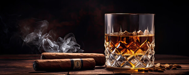 Whiskey glass on wooden table with luxury cigar. Alcohol cognac and cubanian cigar.