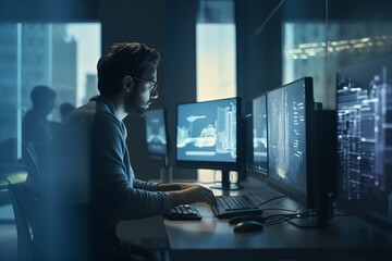 Wall Mural - man at computer, software developer working on coding script or cyber security in bright modern offi
