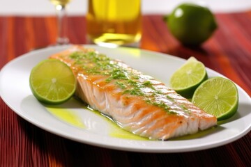 Wall Mural - fillet of fish with a gloss of lime on a dish