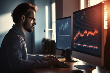 Business man trader big data analyst looking at computer monitor, stock broker analysing indexes, financial chart trading online on screen
