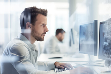 Wall Mural - man at computer, software developer working on coding script or cyber security in bright modern offi