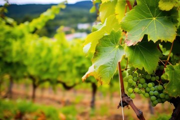 Canvas Print - grapes surrounded by leaves, with an out of focus vineyard behind