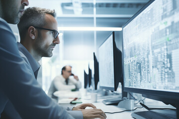 Wall Mural - man at computer, software developer working on coding script or cyber security in bright modern offi