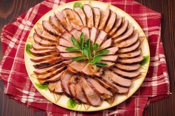 Sticker - thick slices of grilled duck arranged in a circular pattern on a plate