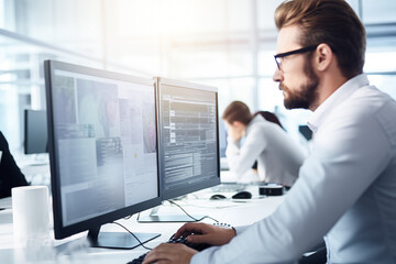 Wall Mural - man at computer, software developer working on coding script or cyber security in bright modern offi