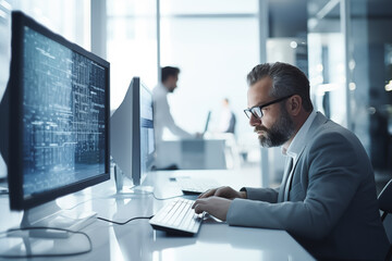 Wall Mural - Man at computer, software developer working on coding script or cyber security in bright modern office