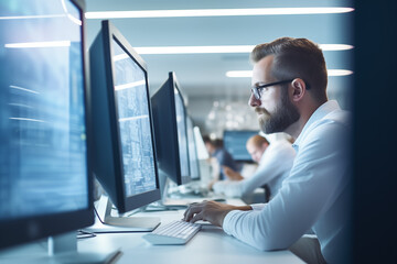 Wall Mural - man at computer, software developer working on coding script or cyber security in bright modern offi