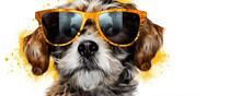 Cool Dog Head With Sunnglases On White Background. Happy Color Wide Photo.