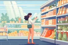 Young Woman Shopping In Grocery Store. Vector Cartoon Illustration Of A Woman In A Supermarket.