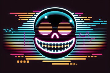 Wall Mural - Neon lines background with funny face emotion