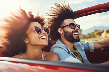 Happy smiling young couple driving vintage cabriolet car, going on the fun road trip together