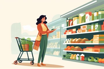 Young woman shopping in grocery store. Vector cartoon illustration of a woman in a supermarket.