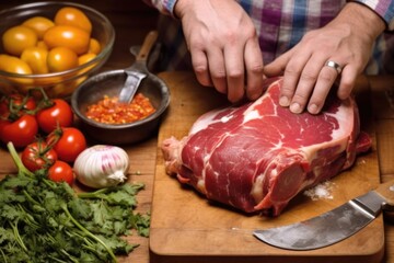 Poster - hand holding a knife and carving through osso buco