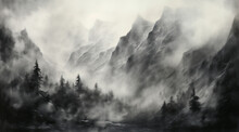 Charcoal Pencil Drawing Of Mountains Cowered In Mist, Black Blurry Tress, Mistical, Mysterious