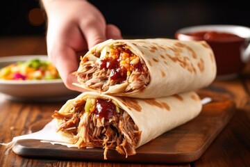 Poster - hand holding a pulled pork burrito with fork for eating