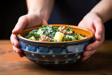 Sticker - hand holding a bowl of zuppa toscana towards the camera