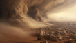 Haboob dust storm over city. Sand storm in desert of high altitude with cumulonimbus rain clouds.