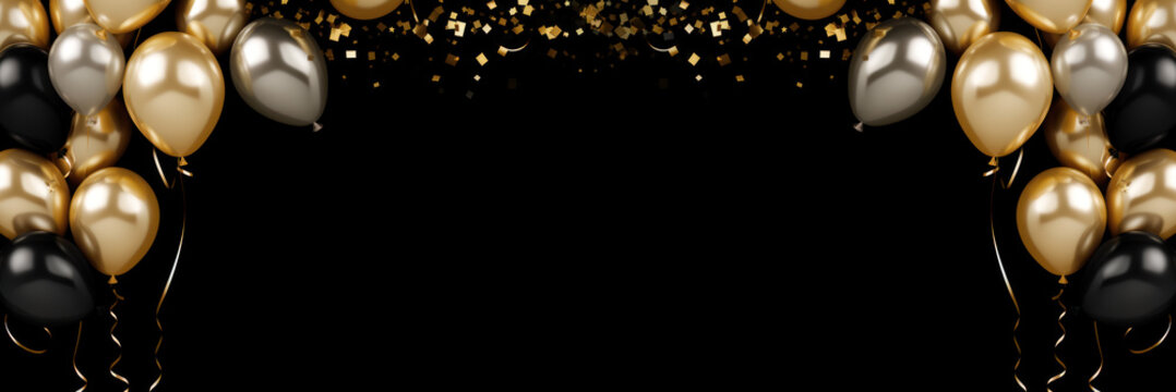 gold black balloon confetti background for graduation birthday happy new year opening sale concept, usable for banner poster brochure ad invitation flyer template