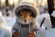 Cute Orange Squirrel with Bushy Tail Wearing Hat Enjoying Winter Season in snow forest