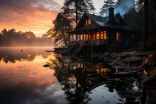 Lakeside Cabin House At Sunrise With Mist Rising From The Water, Generative AI
