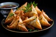 close-up of vegan samosas on a simple white plate
