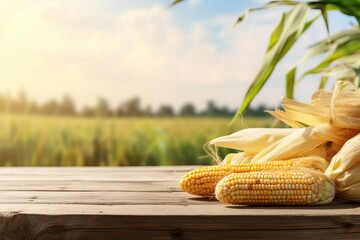 Poster - Corn cobs on wooden table with corn plantation field background.