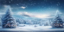 Christmas background with snowy fir trees and presents,  Beautiful winter background for Merry Christmas and Happy New Year with fluffy snowdrifts against background of night winter forest falling sno