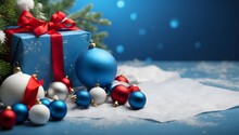 A Blue Gift Box Tied With A Red Ribbon, Accompanied By Blue And Red Christmas Ornaments And A Branch Of A Christmas Tree, All Resting On A Snowy Surface Against A Blue Background.