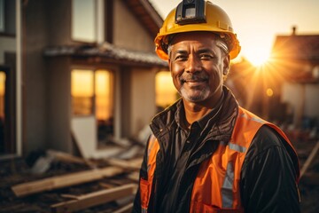 Wall Mural - Happy master foreman in uniform and helmet watches, controls the construction of the house during autumn sunset with a sun flares in the background. Generative Ai.