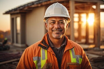 Happy master foreman in uniform and helmet watches, controls the construction of the house during autumn sunset with a sun flares in the background. Generative Ai.