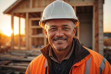 Wall Mural - Happy master foreman in uniform and helmet watches, controls the construction of the house during autumn sunset with a sun flares in the background. Generative Ai.