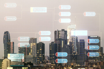 Wall Mural - multi exposure of abstract software development hologram on los angeles skyscrapers background, rese
