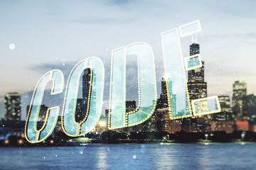 Wall Mural - code word hologram on chicago cityscape background, international software development concept. mult