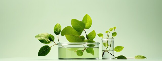 Plant research, green plant in a glass jar in a laboratory