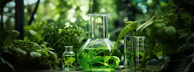 Plant research, green plant in a glass jar in a laboratory