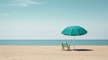 A Minimalist Scene Featuring A Singular Chair And Umbrella, Symbolizing Solitude Amidst The Expansive Beach Landscape.