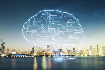 Wall Mural - virtual creative artificial intelligence hologram with human brain sketch on chicago skyline backgro