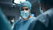 Male surgeon looking at camera in operating room. Generative AI.