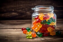 Gummy bears open jar sweets. Sugary soft group container caloric. Generate Ai
